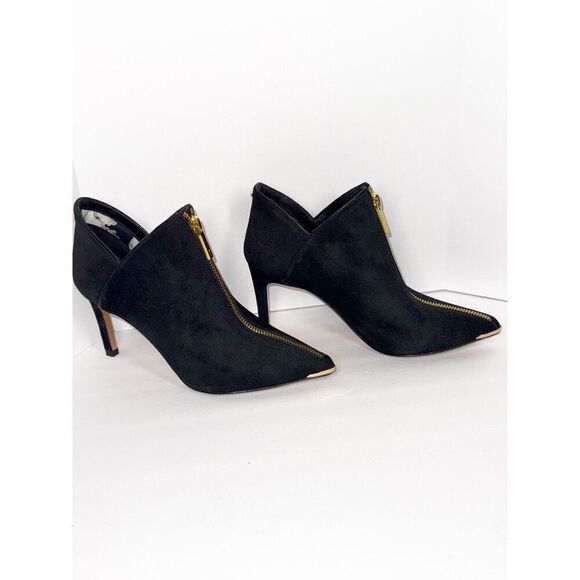 Ted Baker Millae Bootie Heels Black Suede Gold Zipper Stiletto Pointed 38.5/6 - Picture 2 of 16